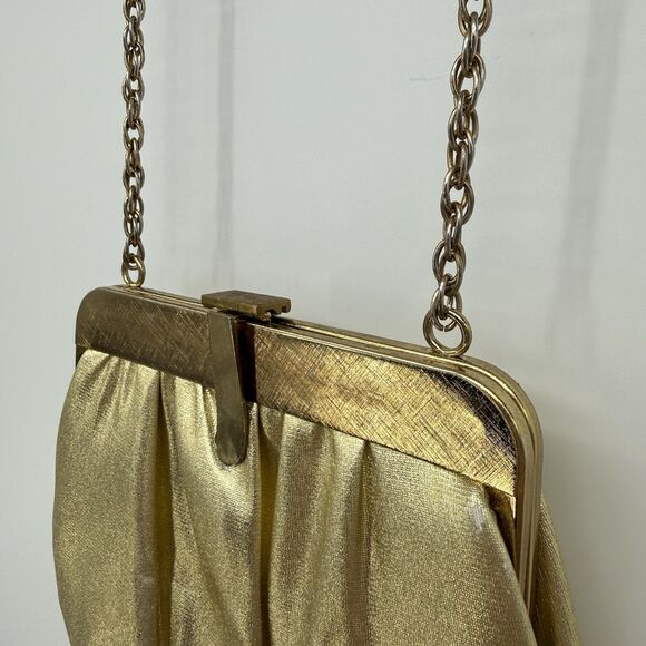 Ande Vintage Gold Metallic Evening Bag Crossbody Chain Strap Formal USA Clutch - Picture 3 of 13